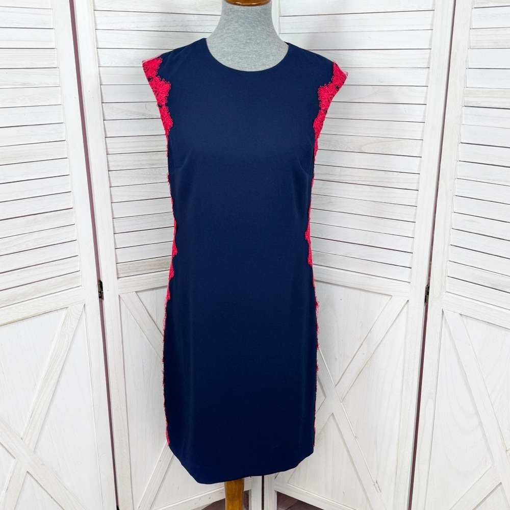 Trina Turk Lace Trim Cutout Back Sleeveless Shift Dress Blue Pink‎ Size 4
